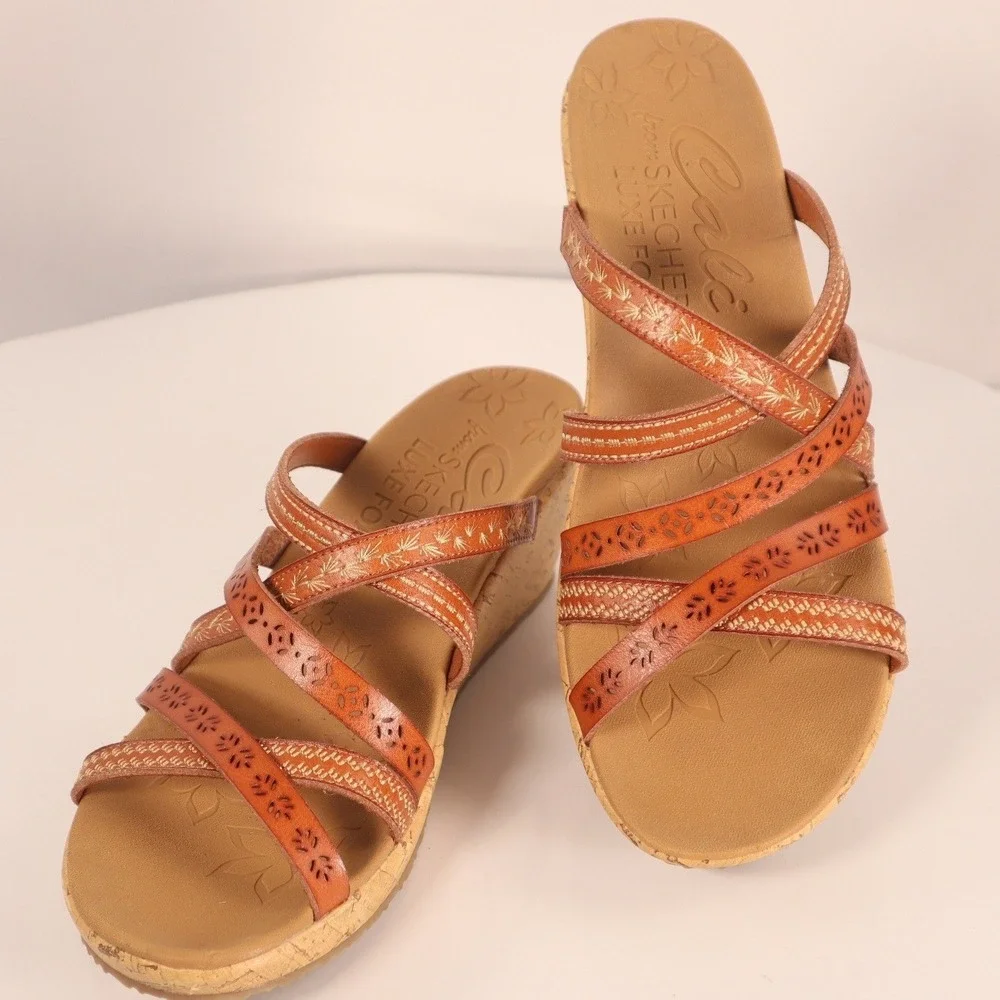Skechers Cali Luxe Foam Wedge Sandals leather tangerine Size 7.5